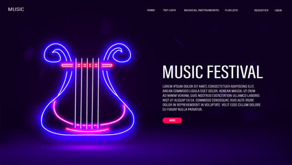 A web banner with a neon multicolored harp on a blue background with text. A concept for a music festival.