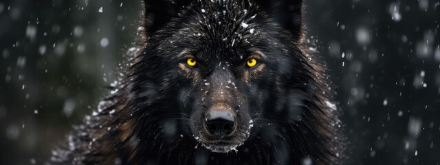 Closeup of a black wolf with yellow eyes on blurry winter background. Black canadian wolf in heavy snowfall. Banner with wild animal in nature habitat. Wildlife scene 