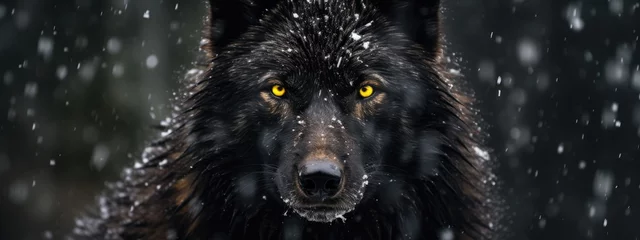 Rollo Closeup of a black wolf with yellow eyes on blurry winter background. Black canadian wolf in heavy snowfall. Banner with wild animal in nature habitat. Wildlife scene  © ratatosk