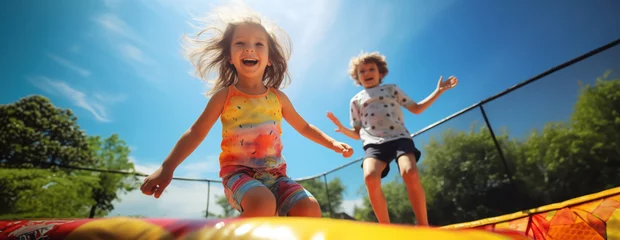 Foto auf Leinwand two happy kids friends boy and a girl jumping happy and excited playing on a trampoline amusement park style for active fun joy time of children and active play © sizsus