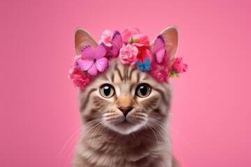 Beautiful cat wearing a crown of flowers and butterflies on pastel pink background. Cute animal with flower wreath and butterfly on his head. Spring female concept  - Powered by Adobe