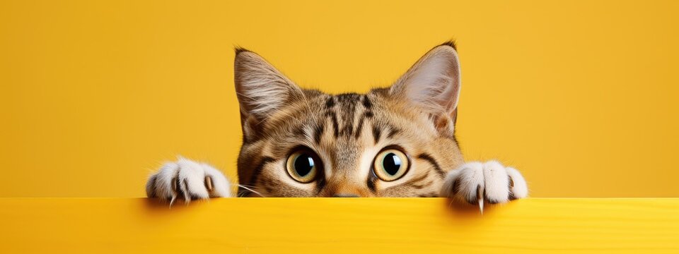 Cute tabby cat curiously peeking over yellow background. Kitten showing placard template. Banner about pets with copy space