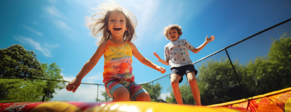 two happy kids friends boy and a girl jumping happy and excited playing on a trampoline amusement park style for active fun joy time of children and active play - Powered by Adobe