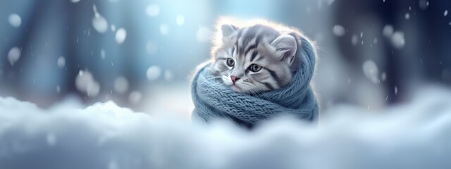 Cute funny fluffy kitten sitting in blue warm knitted scarf on blurred snowy winter background. Animal shelter and pet shop concept. Design with cat for poster, banner, card, calendar with copy space - obrazy, fototapety, plakaty