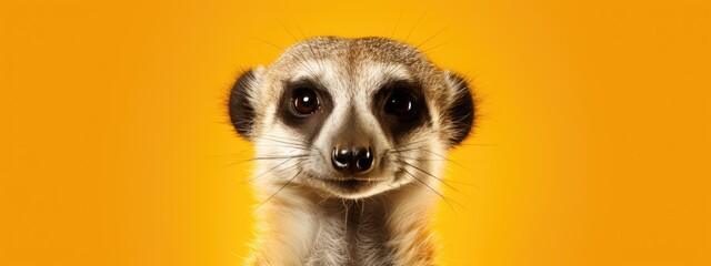 Cute meerkat (Suricata suricatta) curiously peeking over yellow background. Funny animals. Wildlife, safari. Exotic pet concept. Banner about pets with copy space - obrazy, fototapety, plakaty