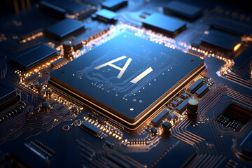 Artificial Intelligence AI. Microchip with the letters AI on it as part of a motherboard