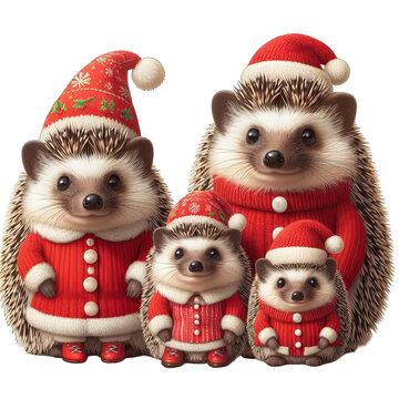 A beautiful hedgehog family with Christmas clothes,png file with transparent background