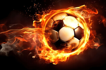 FOOTBALL IN FLAMES ON BLACK BACKGROUND.