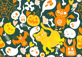 Halloween cat and pumpkins seamless ghost and skulls and poison pattern for wrapping paper and fabrics