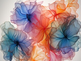AI-generated abstract illustration of amorphous, color-shifting, translucent blossoms. MidJourney.