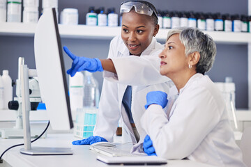 Scientist, team and women in lab, computer with digital science experiment results and medical research data online. Female doctors, collaboration and chemistry, review study information and biotech - Powered by Adobe