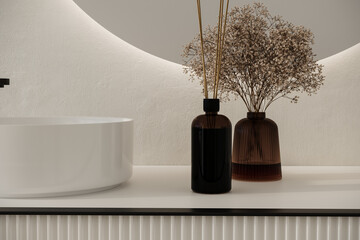 Close up of comfortable sink with round mirror standing on wooden countertop in modern bathroom with white walls.. 3d Rendering