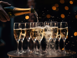 Ai generation. Champagne pouring into glasses on blurred background with bokeh - obrazy, fototapety, plakaty