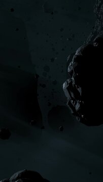 Asteroid belt field in dark outer space. 3D animation wide pan shot. Rock formations of cosmic debris and giant Meteorites. Celestial objects on starry stars background with dust nebula haze low light