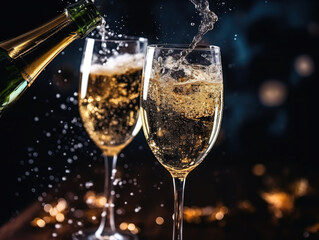 Ai generation. Champagne pouring into glasses on blurred background with bokeh