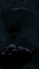 Asteroid belt field in dark outer space. 3D illustration wide shot. Rock formations of cosmic debris and giant Meteorites. Celestial objects on starry stars background with dust nebula haze low light