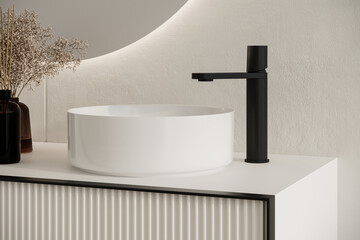 Close up of comfortable sink with round mirror standing on wooden countertop in modern bathroom...