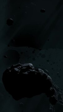 Asteroid belt field in dark outer space. 3D animation wide pan shot. Rock formations of cosmic debris and giant Meteorites. Celestial objects on starry stars background with dust nebula haze low light