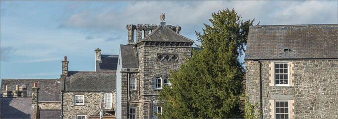 Old grey slate stone built typical welsh buildings