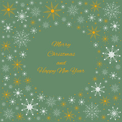 Christmas frame made of gold and white snowflakes on a green background. Vector illustration for the design of cards, invitations, flyers, posters, banners.