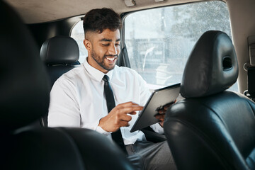 Business man, tablet and travel in car for online search, trading data and reading stock market information. Indian trader scroll on digital technology, financial website or driving in taxi transport - obrazy, fototapety, plakaty
