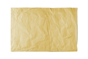 Yellow crumpled rectangle sheet of paper with smooth edge isolated on white, transparent background, PNG. Recycled craft paper wrinkled, creased texture. Template, mockup with copy space for text.