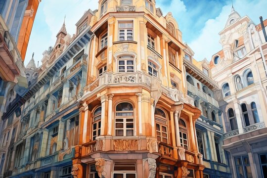 AI generated painted classical building facade during day