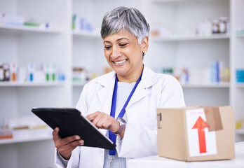 Senior woman, pharmacist and tablet for inventory inspection or stock in logistics at pharmacy....