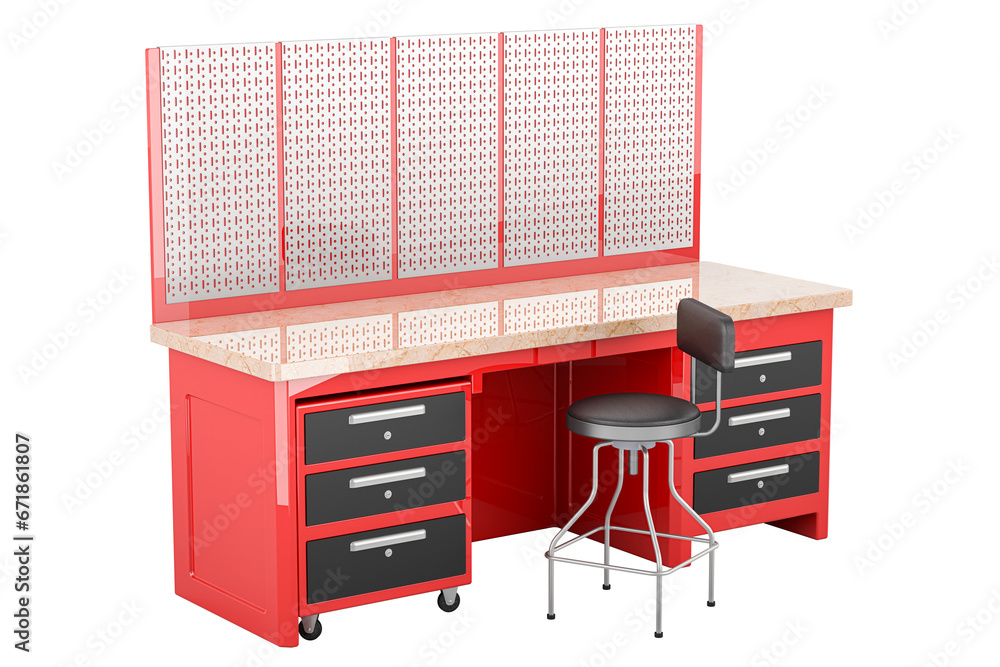Poster maintenance work table, maintenance work bench table, 3d rendering isolated on transparent backgroun