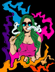 Girl smoking on pipe colorful poster