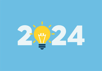 2024 And Yellow Light Bulb On Blue Background