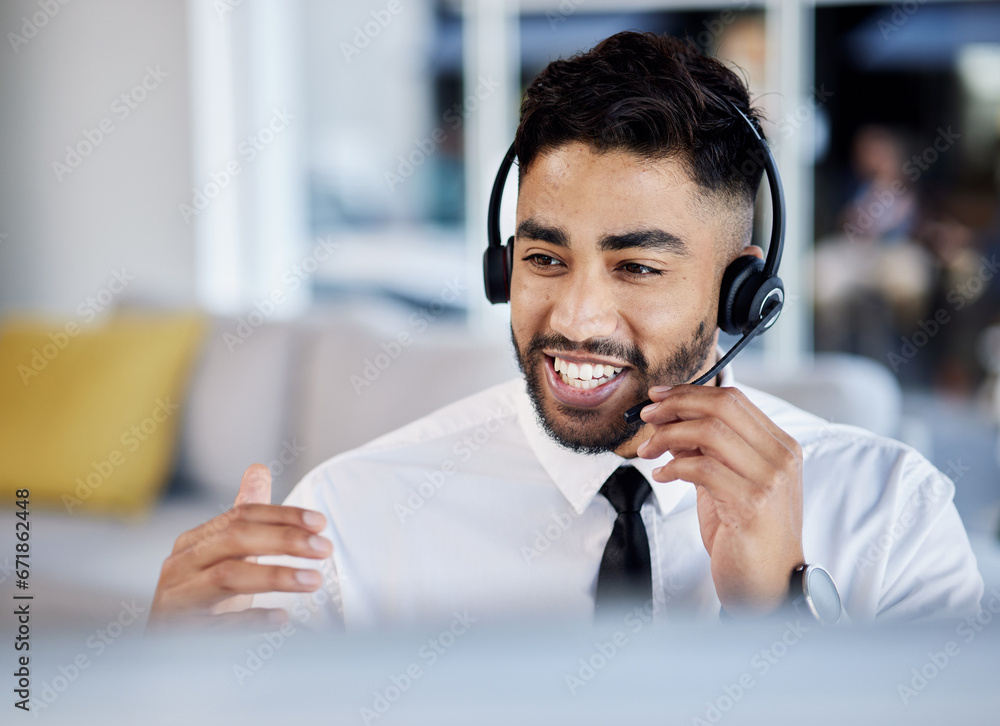 Canvas Prints Call center, telemarketing and man with customer service, communication and crm with headphones. Male person, happy consultant or agent with a headset, professional or tech support with telecom sales