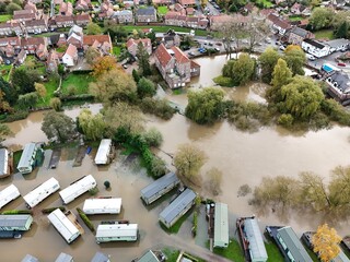 aerial view of extreme flooding Stamford Bridge holiday caravan park flooded from the River Derwent...