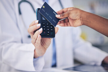 Woman, pharmacist and hands with credit card for payment or electronic purchase on pos at pharmacy. Closeup of female person and customer tap to pay or scan for pharmaceutical medication at drugstore