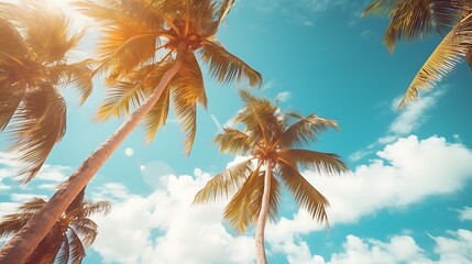Blue sky and palm trees view from below, vintage style, tropical beach and summer background, travel concept