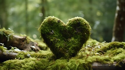 Forest dig cemetery, funeral background - Closeup of wooden heart on moss. Natural burial grave in the woods. Tree burial  - obrazy, fototapety, plakaty