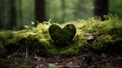 Forest dig cemetery, funeral background - Closeup of wooden heart on moss. Natural burial grave in the woods. Tree burial 