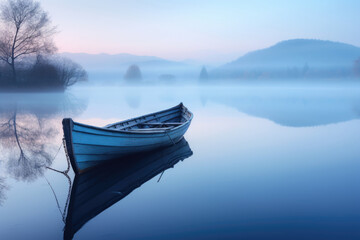 The boat is in quiet calm stagnant water of the lake. Peace and quiet at sunset. - obrazy, fototapety, plakaty