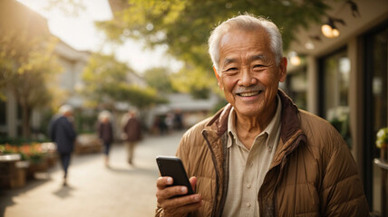 Happy smiling Asian elderly man using his mobile phone in the park
, online with his family on a beautiful sunny day, space for text
