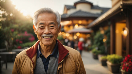 portrait of happy smiling old asian man on the street, on a beautiful sunny day, space for text
