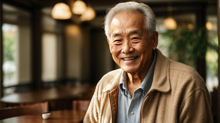 portrait of happy smiling old asian man sitting in a bar, on a beautiful sunny day, space for text