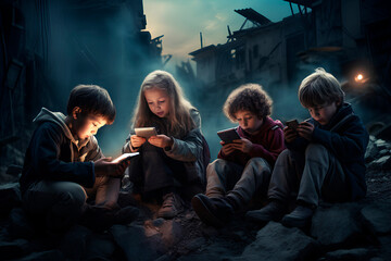 group of children sitting on the ground of an apocalyptic city while looking at their electronic devices, the light from the screens are illuminating their faces, problem of the addiction to mobile ph