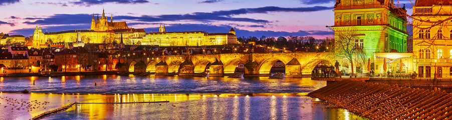 Twilight panorama of Vltava and Prague landmarks, Czechia