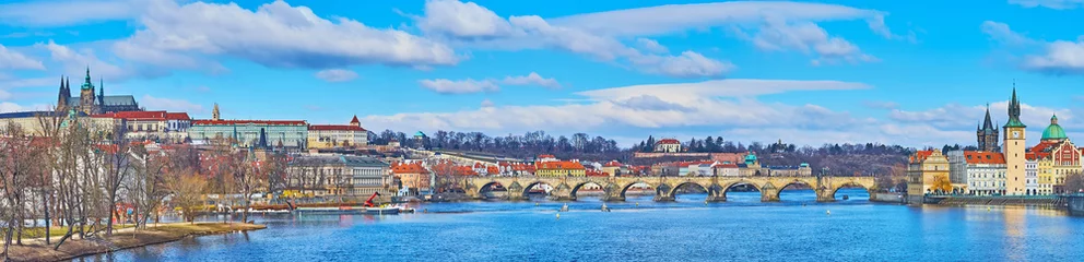 Keuken foto achterwand Karelsbrug Panorama of deep blue Vltava River and Charles Bridge, Prague, Czechia