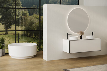 Elegant bathroom with white walls, white basin with oval mirrors, bathtub, shower, plants, and...