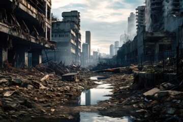 Ruins of city. The consequences of disaster, war, destruction. - obrazy, fototapety, plakaty