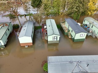 aerial view of extreme flooding Stamford Bridge holiday caravan park flooded from the River Derwent...