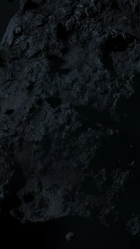 Asteroid belt field in dark outer space. 3D animation wide pan shot. Rock formations of cosmic debris and giant Meteorites. Celestial objects on starry stars background with dust nebula haze low light