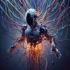 Humanoid cyborg robot hanging on colorful wire cables generative ai - obrazy, fototapety, plakaty