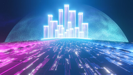 The Road To The Holographic City On The Horizon Located Under The Dome 3D Illustration - 671866830